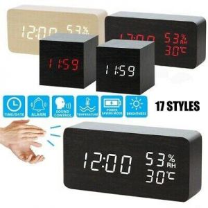 Modern Wooden Wood Digital LED Desk Alarm Clock Voice Control Thermometer USB