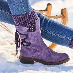 Women Mid Calf Boots Winter Shoes Women Flat Heel Boot Fashion Knitting Patchwork Women&#39;s Boots Woman Snow Botas Cowboy Boots