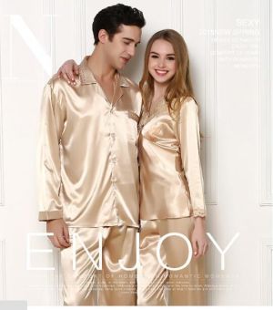 2020 Luxury Men&#039;s Autumn Casual Silk Pajamas Sets Couple Sleepcoat Women&#039;s Nightgowns Lovers Sleepwear Home Pijama Loung