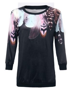 Casual Feather Pattern Printed 3/4 Sleeve Women Loose T-Shirt