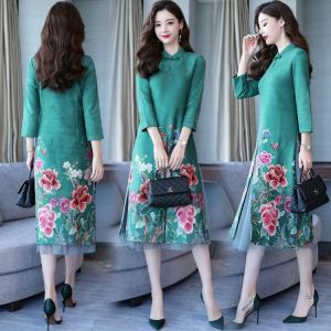Chinese style printing two piece dress 2018 new autumn deer skin velvet national wind lace dress tide