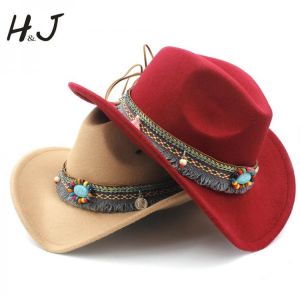 friends for good moments אקססוריז Fashion Women&#039;s Wool Hollow Western Cowboy Tassel Belt  Elegant Lady  Jazz Cowgirl Jazz Toca Sombrero Cap Size 56-58CM