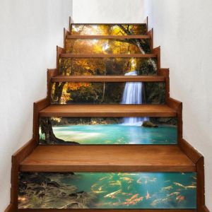 6pcs/set 3D Waterfall Scenery Staircase Stair Riser Floor Sticker Self Adhesive DIY Stairway Waterproof PVC Wall Decal