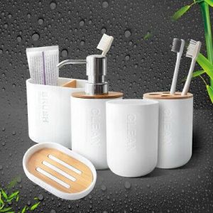 Bamboo Bathroom Accessories Set Soap Dish Toothbrush Holder Liquid Dispenser New
